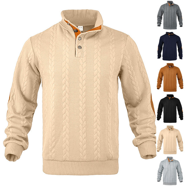 Men's casual cable knit pullover with reinforced button placket and suede elbow patches Mune Fashion