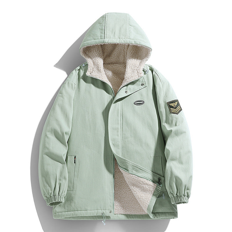 Men's Hooded Canvas Parka with Teddy Fleece Lining and Military Patch Mune Fashion