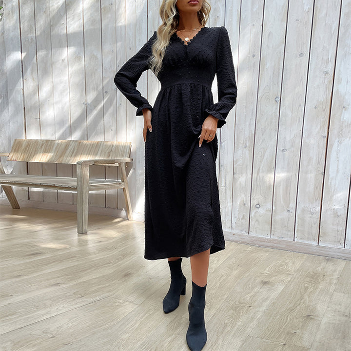 Ladies midi dress with structured dot look, V-neck and tailored empire cut Mune Fashion