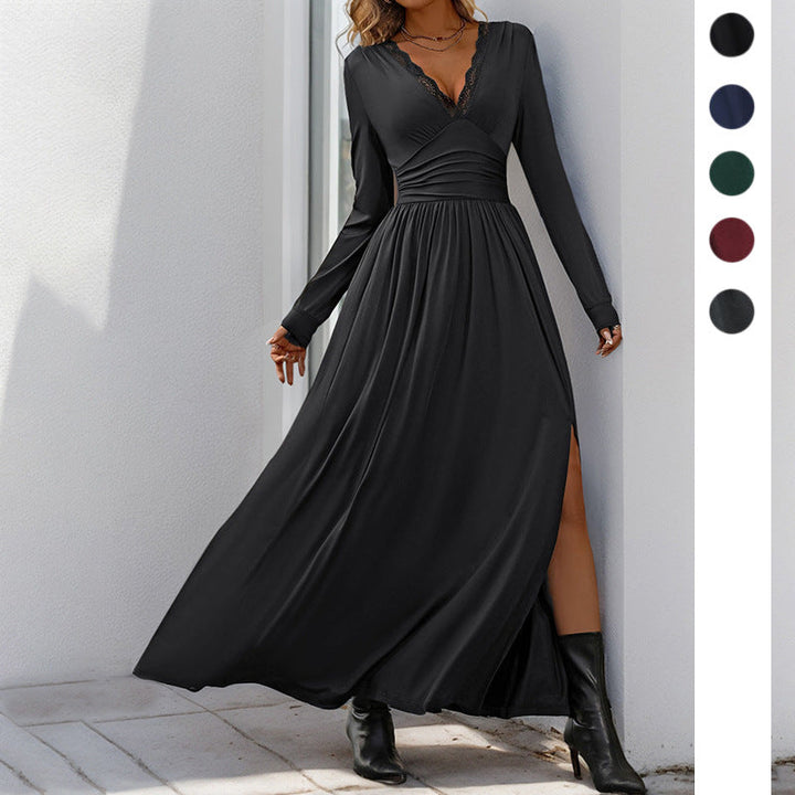Ladies Flowing Maxi Dress with Lace V-neck, Wrap Waist and Side Slit Mune Fashion