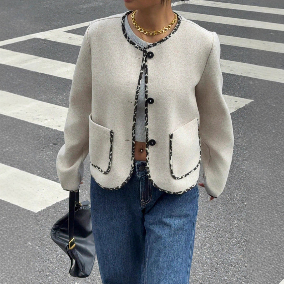 Women Short Wool Look Jacket with Contrast Trim and Patch Pockets Mune Fashion