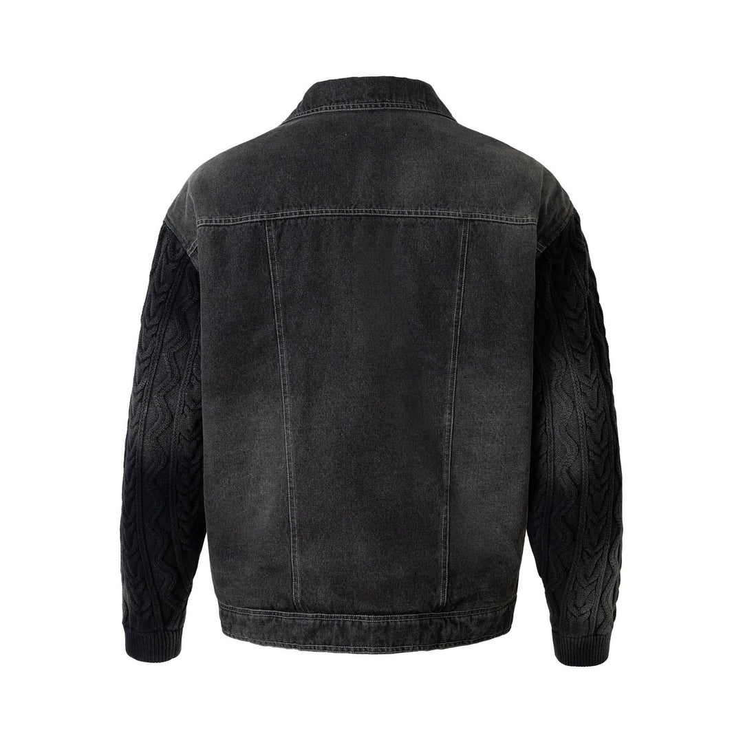Men's denim jacket with applied leather chest pockets and cable knit sleeves Mune Fashion