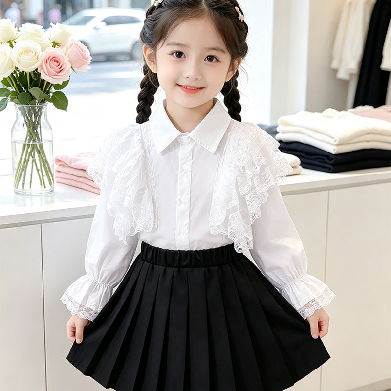 Girls blouse with airy lace trim and ruffle details Mune Fashion