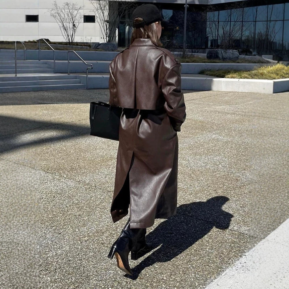 Ladies Maxilength Oversize Faux Leather Trench Coat with Wide Lapels and Waist Belt Mune Fashion