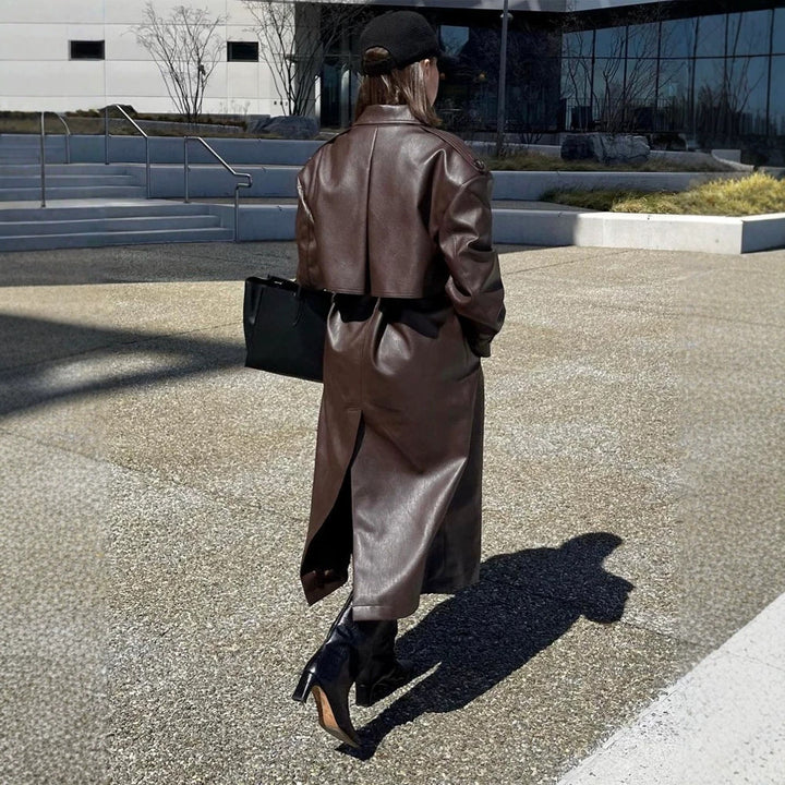 Ladies Maxilength Oversize Faux Leather Trench Coat with Wide Lapels and Waist Belt Mune Fashion