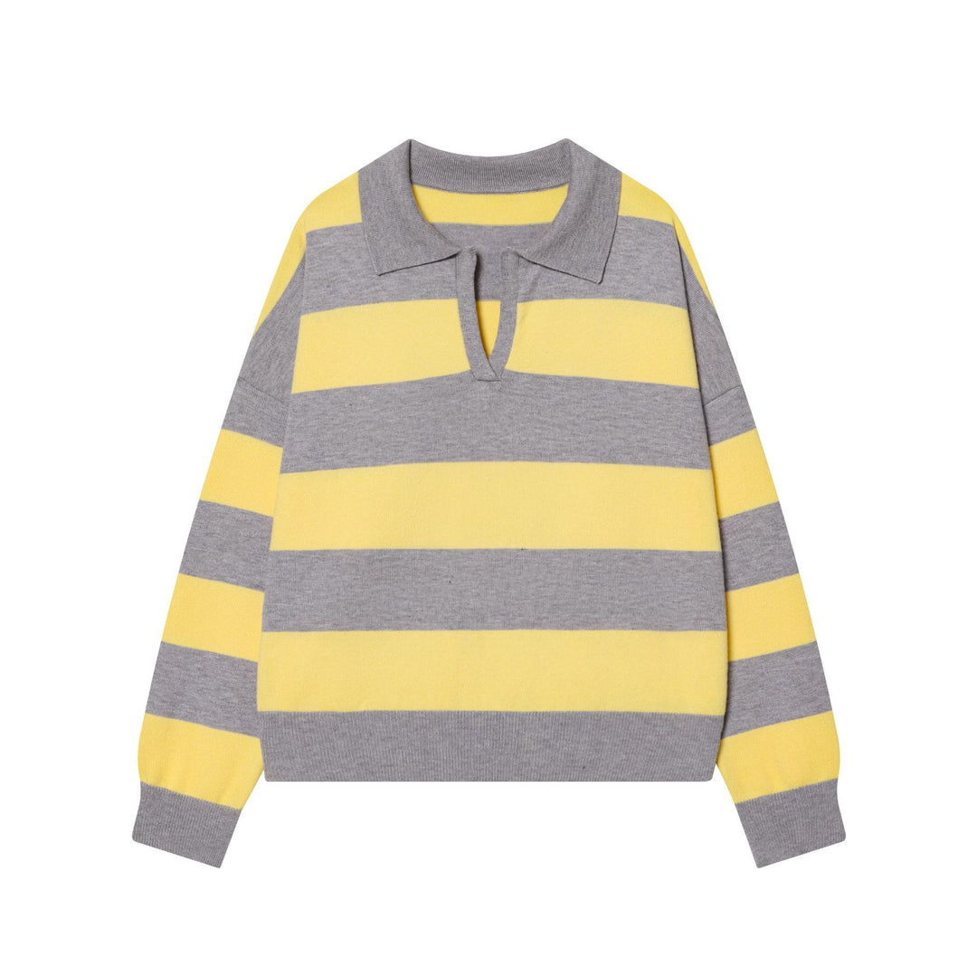 Women's striped rugby pullover with polo collar, open V-neck and wide ribbed cuff Mune Fashion