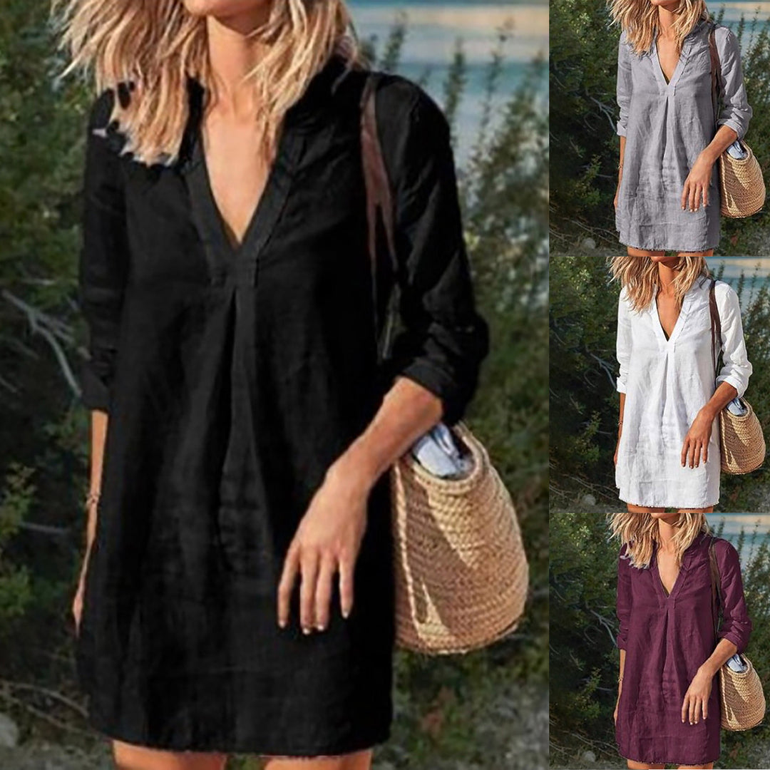 Women's linen tunic dress with V-neck knee-length loose A-line Mune Fashion