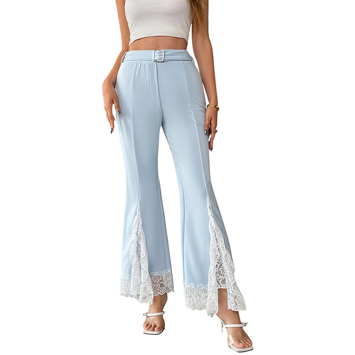 Women High-Waist Flared Trousers with Side Lace Inserts, Waist Belt and Flared Hem Mune Fashion
