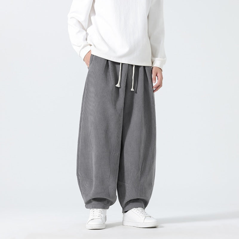 Men's Balloon Cord Pants with High Waist, Drawstring and Pleats Mune Fashion