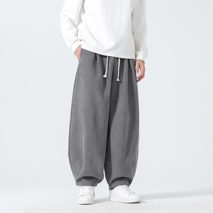 Men's Balloon Cord Pants with High Waist, Drawstring and Pleats Mune Fashion