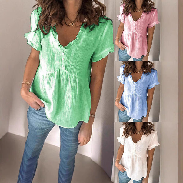 Ladies V-neck blouse with ruffle details and button closure Mune Fashion