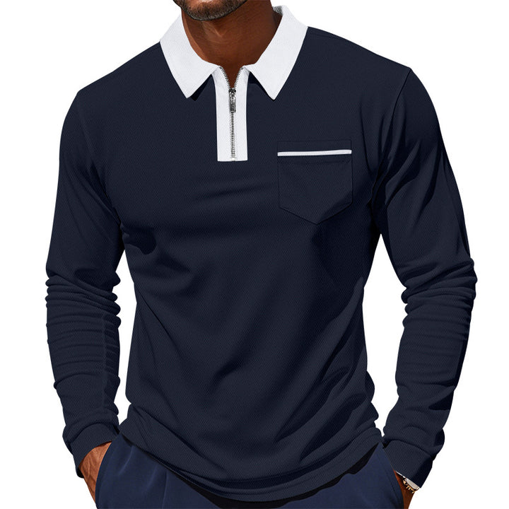 Men's long-sleeved polo with half zip, patch chest pocket, and fine structure jersey quality Mune Fashion