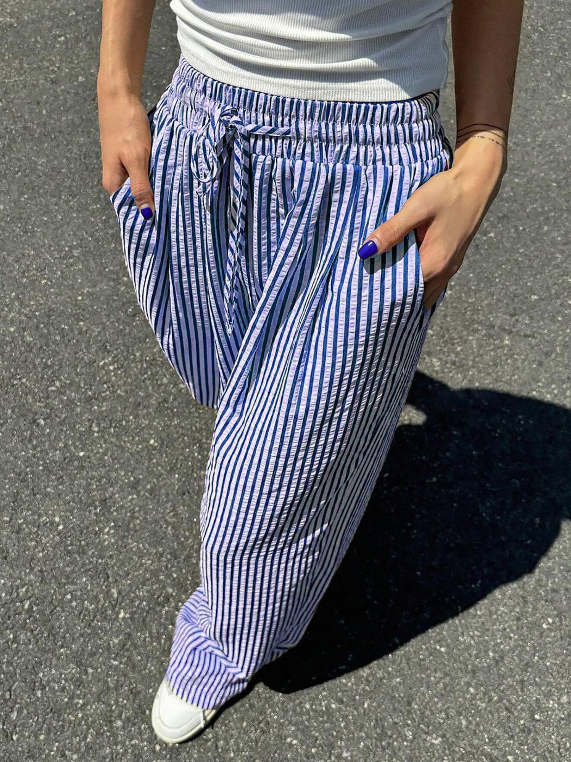 Women's Marlene striped pants made of linen blend with wide leg, elastic waistband and drawstring Mune Fashion
