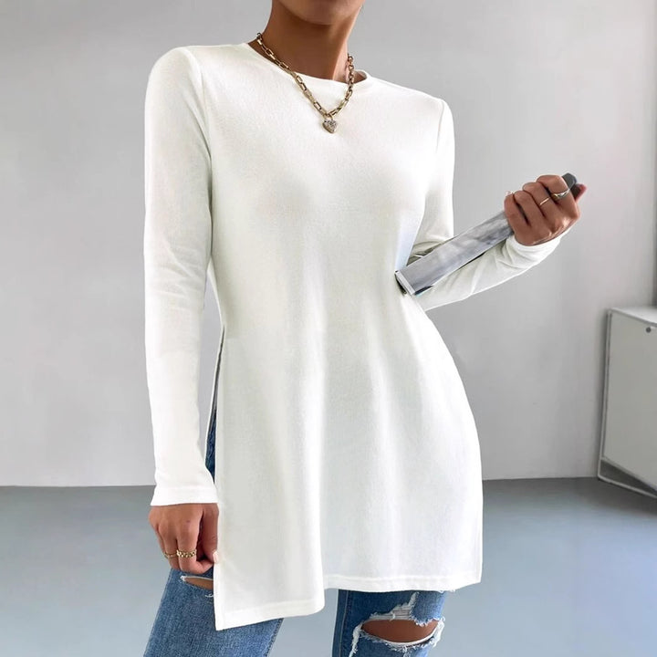 Women's Long Fine Knit Tunic Shirt with Side Slits and Rounded Hem Drune