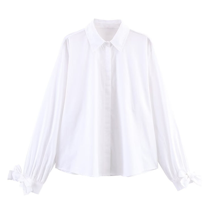 Women's oversized shirt blouse with classic collar, balloon sleeves, and bow cuffs Mune Fashion