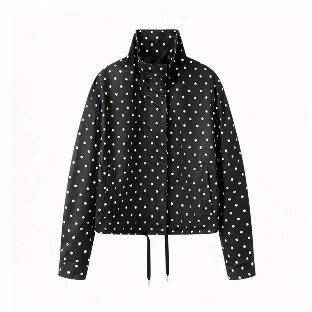 Women's Short Dotted Rain Jacket with Stand-Up Collar and Drawstring Mune Fashion
