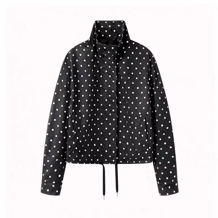 Women's Short Dotted Rain Jacket with Stand-Up Collar and Drawstring Mune Fashion