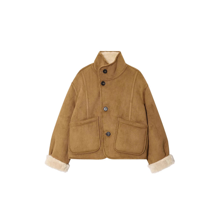 Women's Short Velour Jacket with Teddy Lining, High Stand-Up Collar and Patch Pockets Mune Fashion