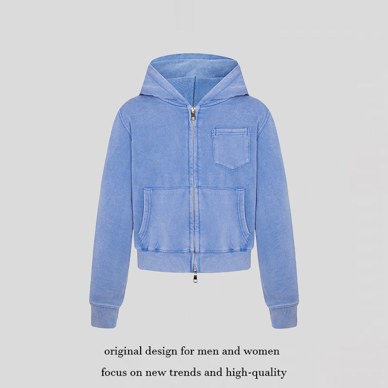Ladies short-cut hooded zip jacket made of garment-dyed cotton fleece with chest pocket Mune Fashion