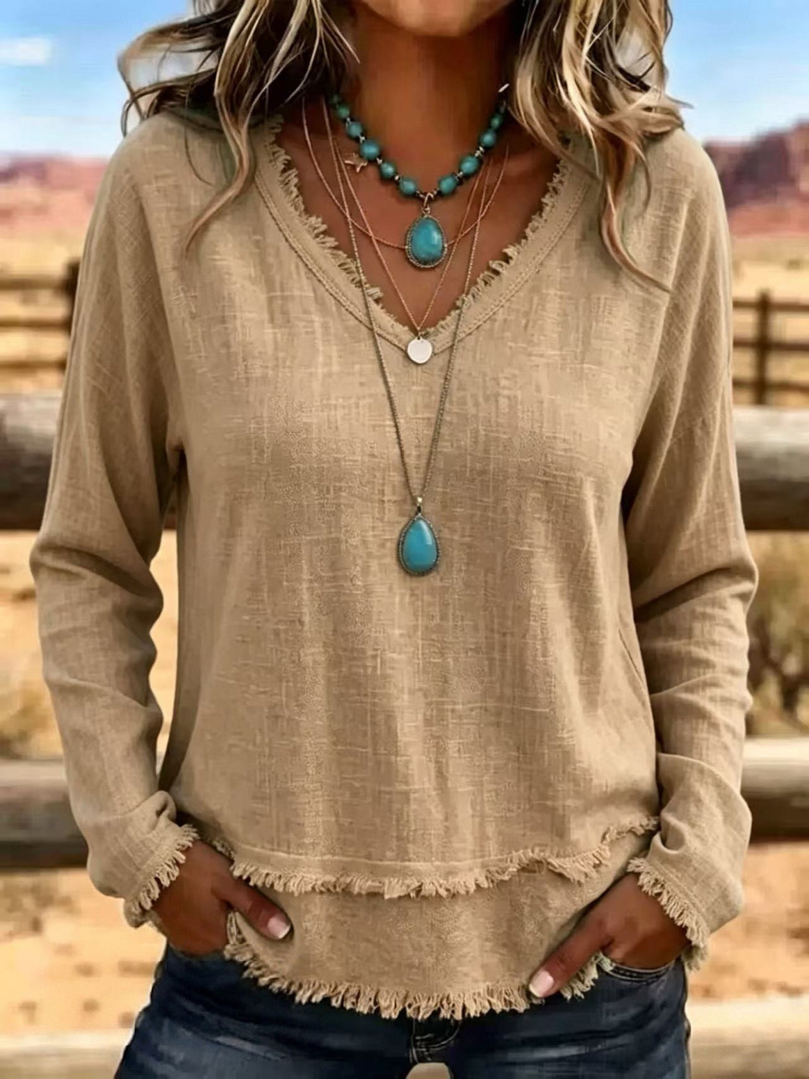 Women's Casual Long Sleeve Top with Fringes Mune Fashion