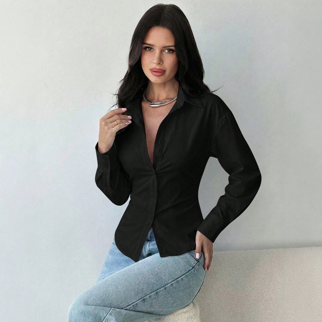 Women's Tailored Striped Shirt Blouse with Lapel Collar and Shaping Waist Mune Fashion