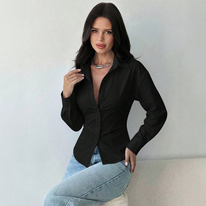 Women's Tailored Striped Shirt Blouse with Lapel Collar and Shaping Waist Mune Fashion