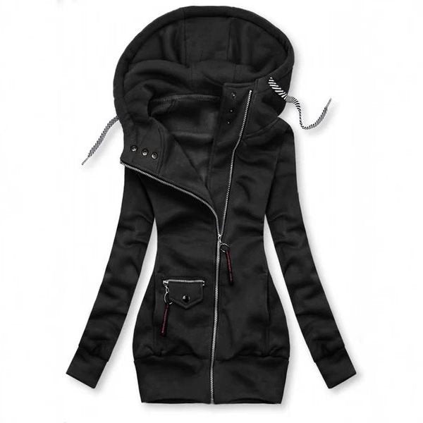 Women's Long Hooded Jacket with Asymmetrical Zipper and Zip Pocket Mune Fashion