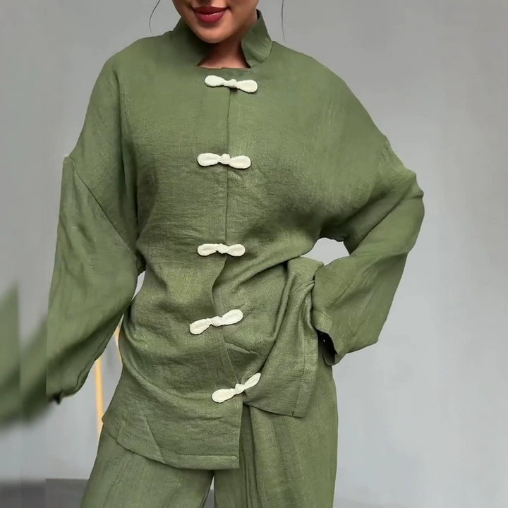 Women's loosely cut linen jacket with mandarin collar and frog closures Mune Fashion