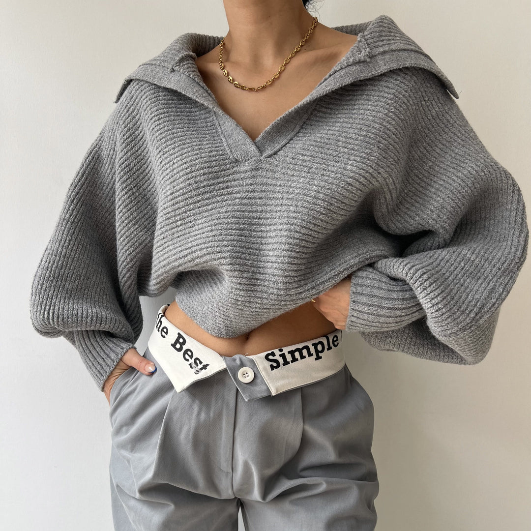 Ladies chunky knit cropped pullover with wide sailor collar and oversized sleeves Mune Fashion