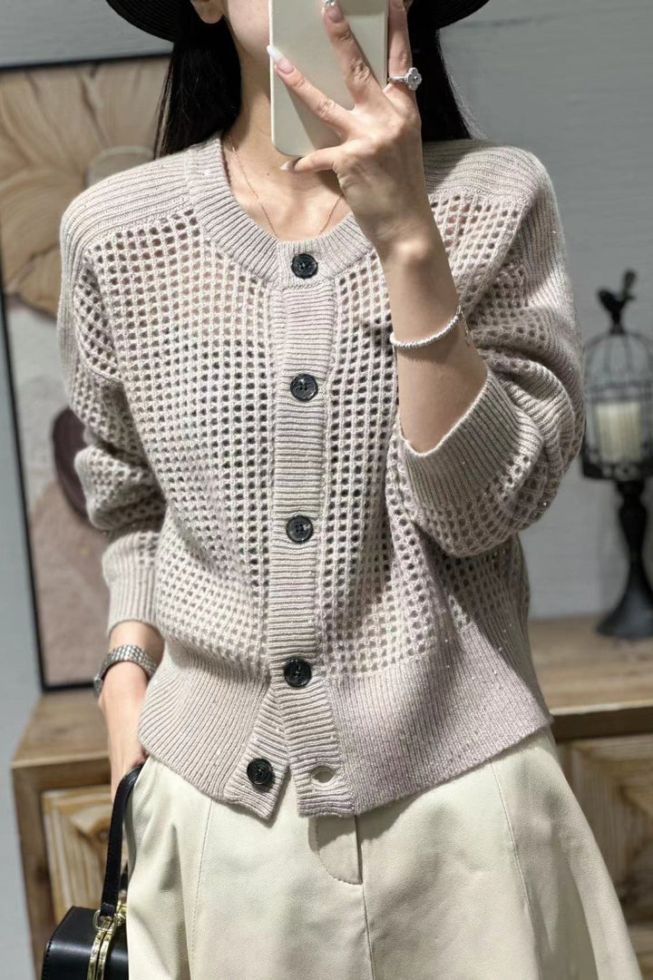 Women Loose Mesh Cardigan with Openwork, Round Neckline and Button Placket Mune Fashion