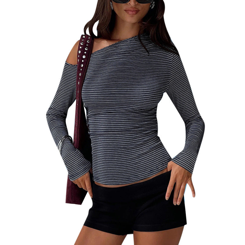 Women's Off-Shoulder Striped Fitted Long Sleeve Top with Asymmetric Neckline Mune Fashion