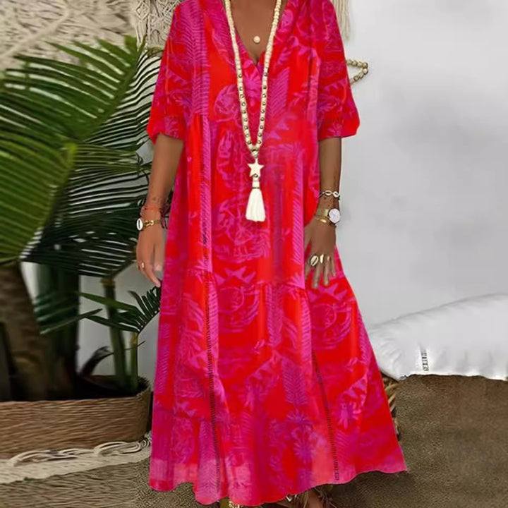 Ladies Boho Long Dress with Deep V-Neck, Tiered Cut and Casual Oversized Fit Mune Fashion