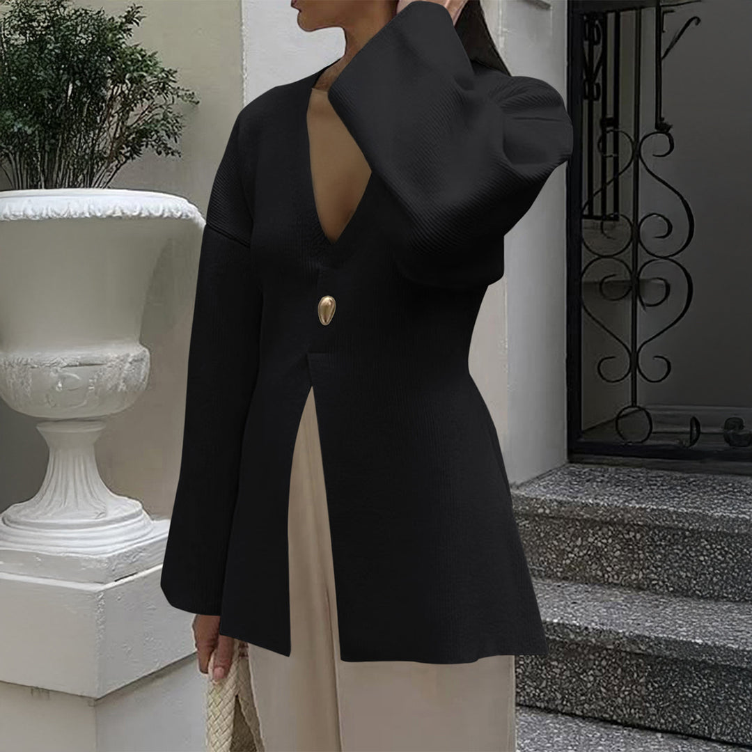 Women's fitted fine knit cardigan with V-neck, decorative button, and front slit Mune Fashion
