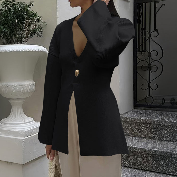 Women's fitted fine knit cardigan with V-neck, decorative button, and front slit Mune Fashion