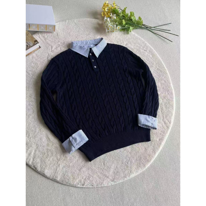 Women's knitted polo sweater with cable pattern and inserted shirt collar Mune Fashion