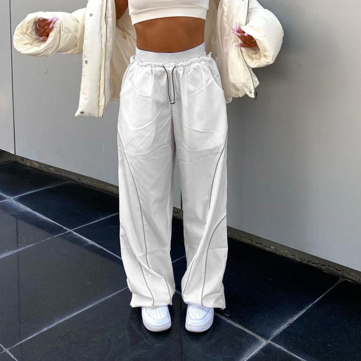 Women wide track pants with drawstring waistband, contrast seam design, and adjustable hem cords Mune Fashion