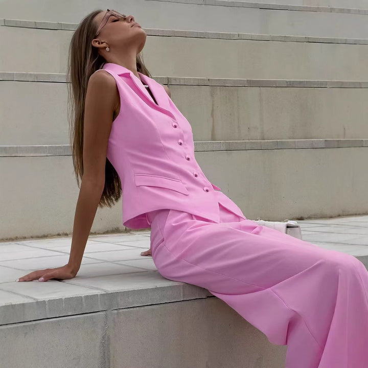 Women Sleeveless Tailoring Two-Piece with Fitted Vest and Wide Marlene Pants Mune Fashion