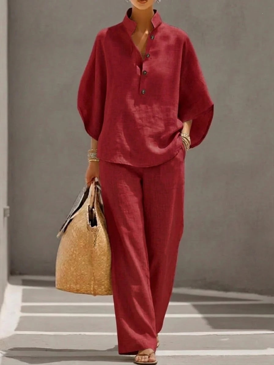 Women Lightweight Linen Loungewear Set with Stand-up Collar Button Placket and Wide Marlene Cut Mune Fashion