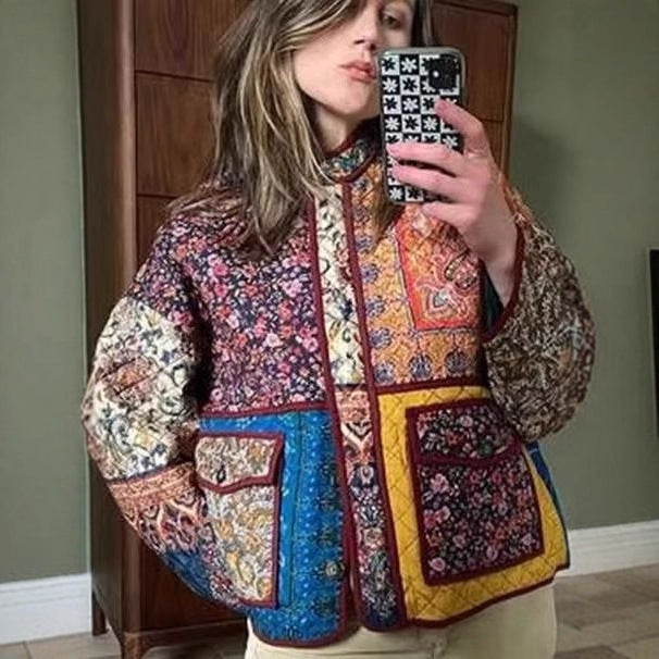 Women's Oversize Patchwork Quilted Jacket with Stand-up Collar and Patch Pockets Mune Fashion