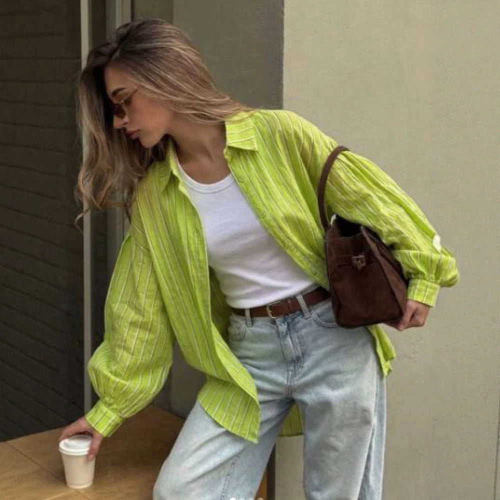 Ladies Oversize Linen Look Shirt Blouse with Stripes, Voluminous Sleeves & Extended Back Hem Mune Fashion