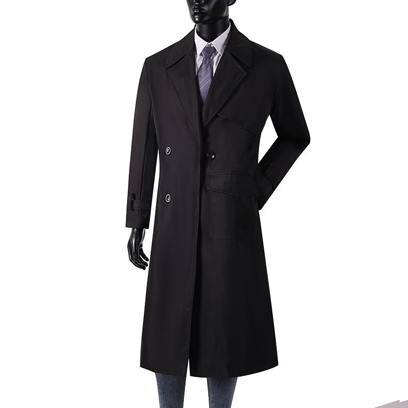 Men's long coat in trench coat style with storm flap, asymmetrical pockets and classic lapel Mune Fashion