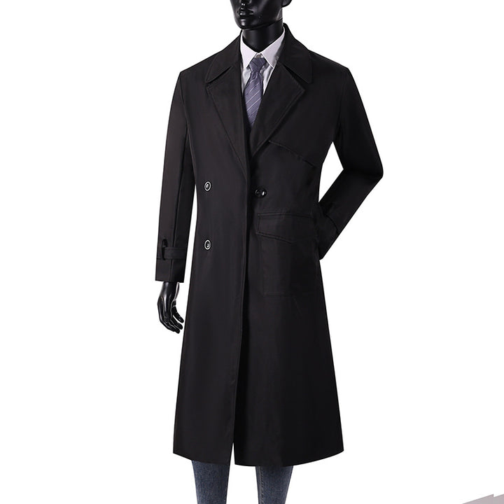 Men's long coat in trench coat style with storm flap, asymmetrical pockets and classic lapel Mune Fashion