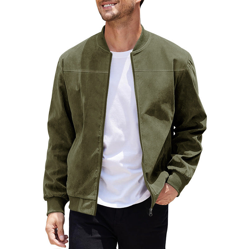 Men's faux suede bomber jacket with stand-up collar, ribbed cuffs, and concealed zipper Mune Fashion