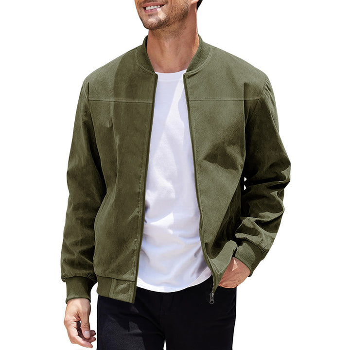 Men's faux suede bomber jacket with stand-up collar, ribbed cuffs, and concealed zipper Mune Fashion