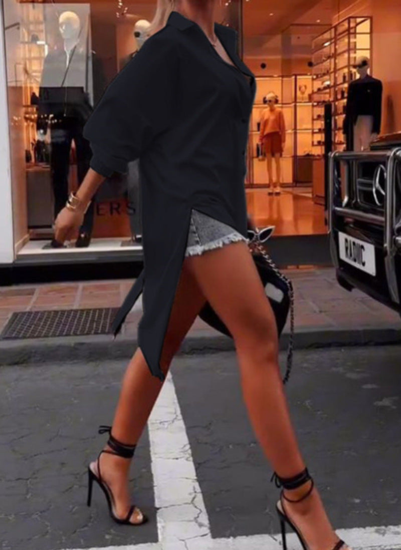 Ladies' oversized shirt dress with central back zipper, split tail hem, and elbow-length batwing sleeves Mune Fashion