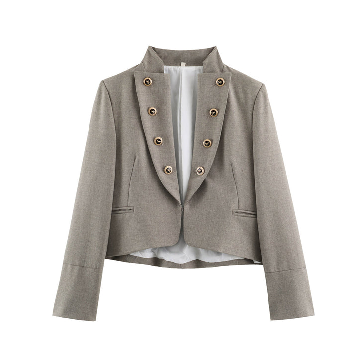 Ladies short blazer with decorative double-button placket and stand collar Drune