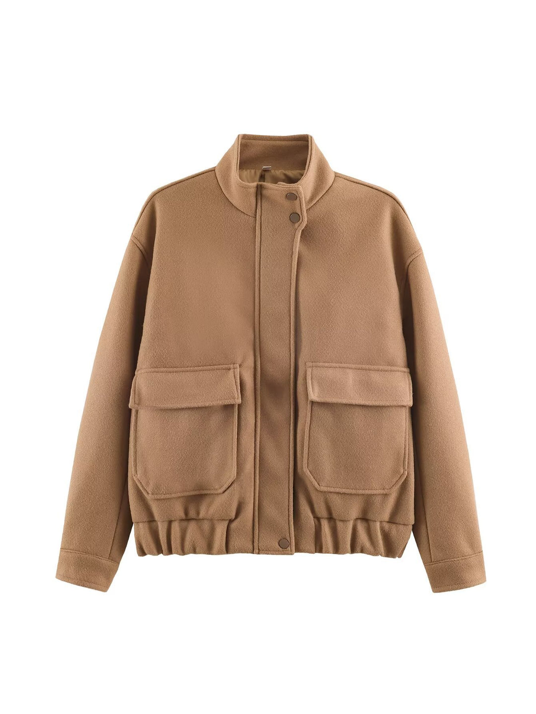 Ladies Boxy Wool Blend Blouson Jacket with Stand-Up Collar, Large Flap Pockets and Elastic Hem Mune Fashion
