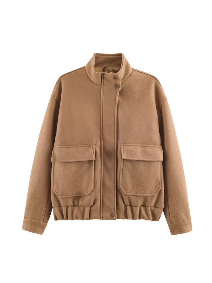 Ladies Boxy Wool Blend Blouson Jacket with Stand-Up Collar, Large Flap Pockets and Elastic Hem Mune Fashion