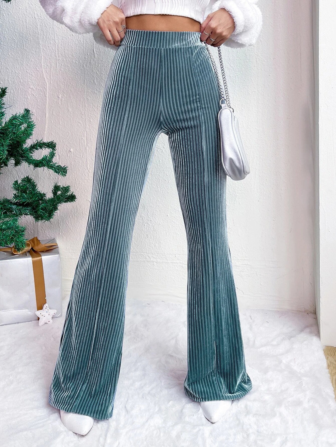 Women's High-Waisted Ribbed Velvet Pants with Wide Legs Mune Fashion