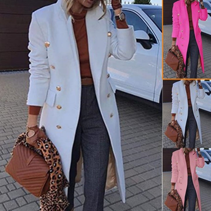 Women tailored double-breasted wool blend coat with gold decorative buttons and knee-length silhouette Mune Fashion